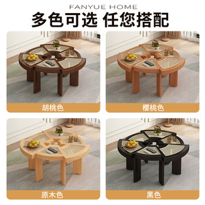 Solid Wood <b>Coffee</b> <b>Table</b> Rattan Woven Polygonal Splicing Living Room Home Small Apartment Natural <b>Walnut</b> Color - Product Image 3