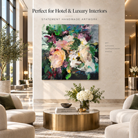 Peinture florale impressionniste d'hôtel, nature morte, pêches, roses, fleurs roses et blanches, toile verte foncée, art mural