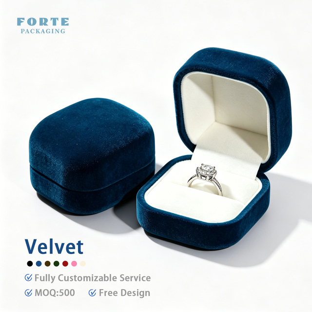 FORTE Navy Blue Customized logo Luxury Velvet Jewelry Box Valentine's Day Round Velvet Ring Box