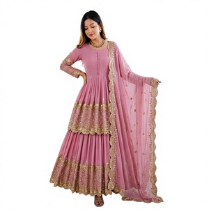 Pink Embroidered Anarkali <b>Suit</b> Indian Pakistani Top Long Sleeve Pleated <b>Dress</b> with Dupatta <b>for</b> Party <b>Wedding</b> - Product Image 1