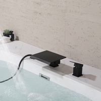 Robinet de bain cascade à plateforme extra large noir mat, 3 trous, montage sur pont, levier plat carré, ensemble de bain chaud/froid