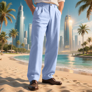 Pantaloni Lunghi Casual da Uomo Neri in Misto Cotone e <span class=keywords><strong>Lino</strong></span> Traspiranti a Gamba Dritta per l'Estate e la Spiaggia - Collezione 2026 - Product Image 3
