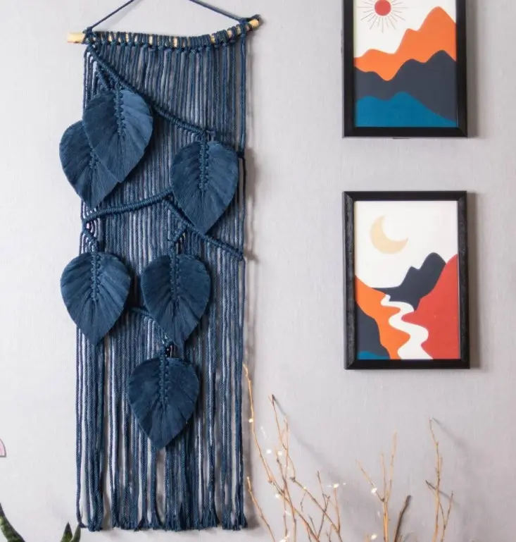 Blue Leaves Macrame Wall Hanging  Living Room Wall Decor  Boho Wall Art  Modern Home Decor