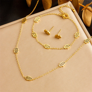 Gold Plated Stainless Steel Hamsa Hand Necklace Earrings <b>Bracelet</b> <b>Set</b> Unisex Jewelry Gift - Product Image 1