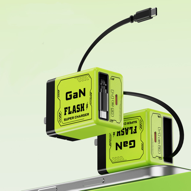 Forest Green/Sunset Orange Portable GaN 35W USB C Fast Charger Smart Foldable Built in Stretchable Type C Cable