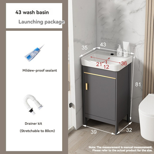 Elegante gabinete de baño gris con espejo inteligente, lavabo blanco y mueble de pie. - Product Image 6