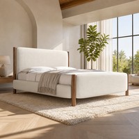 Cadre de lit rembourré en tissu bouclé de style nordique moderne avec poteaux en bois massif de noyer, lit plateforme pour chambre à coucher, taille King ou Queen