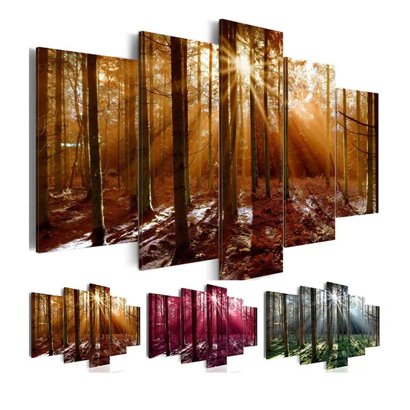 5 Panels Framed Abstract Landscape 3 Colors Autumn Forest Canvas Wall Art Painting