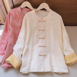 Chinese Style Tang Suit Jacket Women Autumn Thin Cotton Linen Stand Collar Frog Buttons Loose Fit Tea Dress Cardigan Top - Product Image 5
