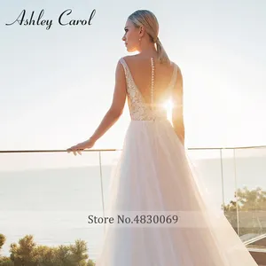 Ashley Carol A-Line <span class=keywords><strong>Vestidos</strong></span> de novia para mujer 2024 elegante escote en V profundo ilusión brillante vestido De tul <span class=keywords><strong>Vestidos</strong></span> De Novia - Product Image 4