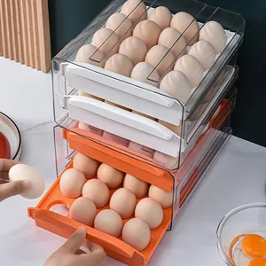 Boîte de rangement à œufs en plastique, capacité 2 niveaux, tiroir, boîte de rangement pour œufs frais avec poignées, empilables, 10/32 grilles