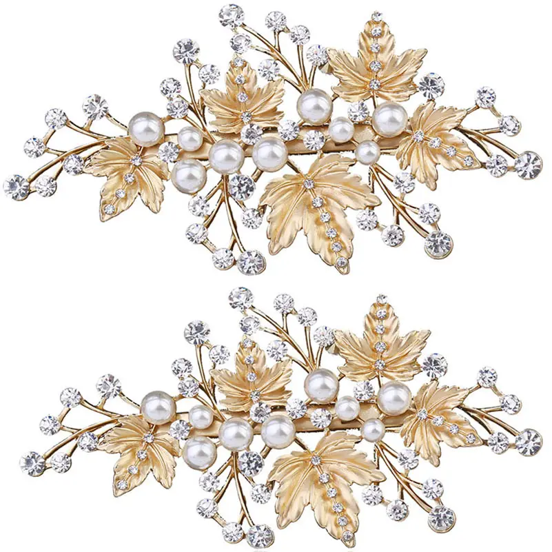 Accessoires De Cheveux De Mariage de mariée Coiffe Feuille Cristal Perle Duckbill Clip En Épingle À Cheveux 2 pièces/ensemble