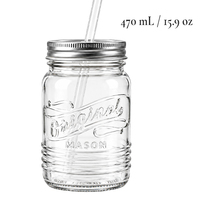 Gelas Minum Mason Jar Besar dengan Tutup Sekrup Logam, Sedotan Kaca, dan Motif Embos untuk Smoothie, Lemonade, dan Minuman Dingin