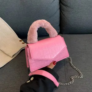 Wholesale Ladies Handbag with Fur Handle PU Medium Sized Hand Bags Women Chain Single Shoulder Crossbody Hand Bag