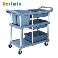 Chariot de service et de collecte de vaisselle en plastique Bestwin pour restaurant, cantine, hôtel, noir/gris, 2 bacs, 3 boîtes de rangement