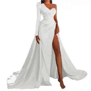 Latest Design White Satin Bridesmaid Dresses Party Dress Women Long Sleeve Sexy Evening dresses women lady elegant