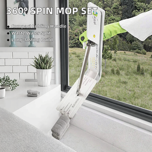 Juego de fregona plana giratoria 360 grados con cubo y cesta de plástico, mango de acero plegable, separación de aguas residuales para limpieza de superficies sucias - Product Image 3