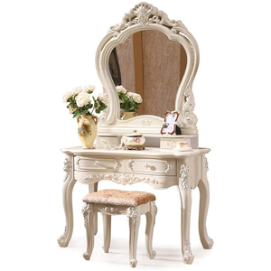 Owlprincess — table de maquillage en bois massif sculpté, tabouret de luxe d'appartement de chambre à coucher, européen moderne, argenté, avec miroir - Product Image 2