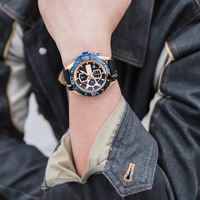 Jam tangan olahraga untuk pria jam tangan Chronograph Fashion jam tangan kulit asli biru merek mewah