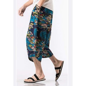 FOXA Mens Elastic Waist Pattern Printed Capri Pants Linen Cotton Breathable Wide Leg <b>Shorts</b> for Casual Wear - Product Image 4