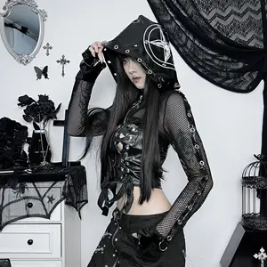 Kadın Y2k Streetwear Harajuku gotik Punk hırka baskı parmak uzun kollu seksi Hollow Mesh deri kırpma üst Hoodie ceketler