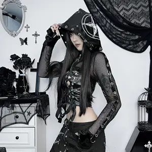 Phụ Nữ Y2K Dạo Phố Harajuku Gothic Punk Cardigan In Ngón Tay Dài Tay Áo Sexy Hollow Lưới Da Crop Top Hoodie Áo Khoác