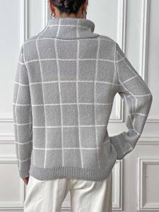 Factory <strong>Women</strong> Winter Long Sleeve Knitted Color Block Grid High <strong>Turtle</strong> <strong>Neck</strong> Sweater Pullover <strong>Jumper</strong> - Product Image 3