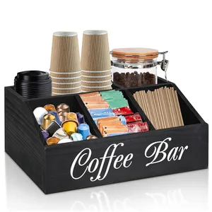 Caixa de café organizadora para café, contador de madeira para recipientes de café, cesta organizadora para armazenamento de condimento e chá