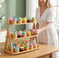 Présentoir à 3 niveaux en bambou naturel, support de comptoir en bois en forme de A, étagère de service à plusieurs niveaux pour cuisine, boulangerie, desserts