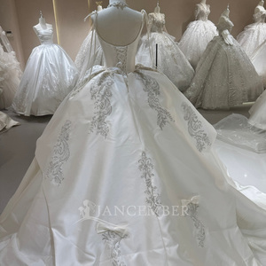 Dw0231 <b>Romantic</b> Spaghetti Strap Crystal Beaded Bodice Bow Center Embroidery Ivory Satin Ball Gown Wedding <b>Dress</b> Jancember - Product Image 2