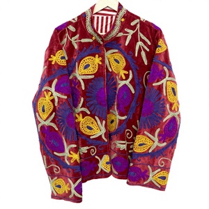Vintage Hand Embroidered <b>Velvet</b> Unisex Short Winter <b>Quilted</b> Reversible Floral Pattern Eco-Friendly Casual Jacket Mandarin Collar - Product Image 1