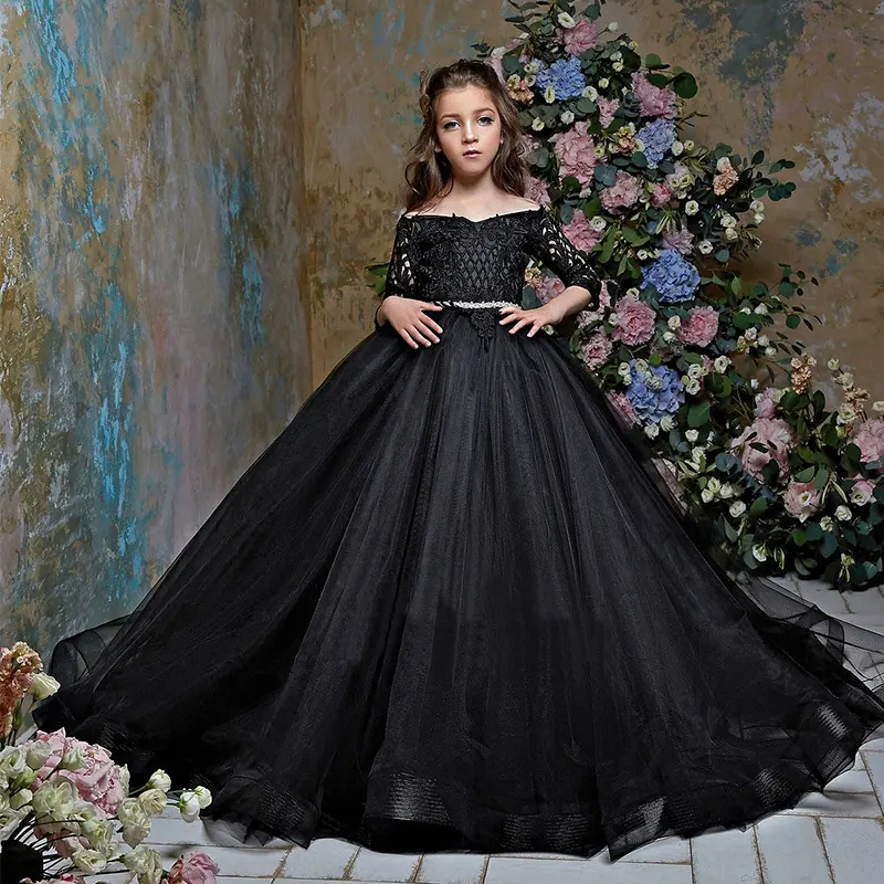 yalindars children's black one-shoulder robe girls party banquet evening dress upper body hollow design mesh flower girl dress