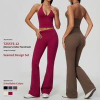Tenue de sport deux pièces effet superposé, col halter, manches courtes, taille haute, très élastique, respirante, pour Pilates et Yoga