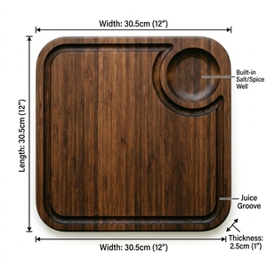 Tabla de cortar de bambú Square Juice Groove con cuenco para especias integrado y ranura de drenaje, 12x12 pulgadas, estación de preparación para chefs - Product Image 3