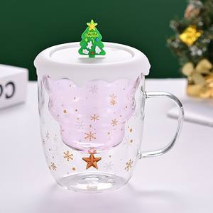 Tazas de Vidrio Navideñas al por Mayor con Tapa de Silicona, Taza de Café Transparente de Doble Capa, Tazas de Regalo con Diseño de Copo de Nieve - Product Image 6