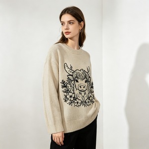 Suéter de punto con cuello redondo y estampado de vaca de las Tierras Altas para mujer, estilo occidental, jersey de manga larga - Product Image 2