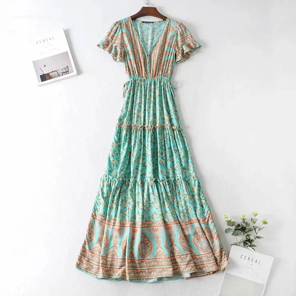 Green color lace up waist short sleeve floral cotton rayon women summer casual bohemian dress