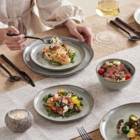 Services de table en grès EKA, ensemble de 12 assiettes en porcelaine, bols à dessert, ensemble de 4 vaisselles rustiques artisanales