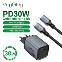 VegGieg - Combo de Cargador USB C de 30 W y Cable para Teléfono, Adaptadores EU, Compatible con Caja OEM de Cartón