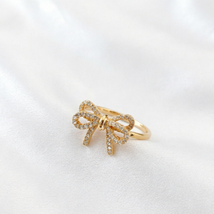 Bague Nœud Papillon Ouverte Ajustable en Laiton Plaqué Or avec Zircon Cubique Pavé, Bijou Créatif et Adorable, Idéal pour les Occasions Festives - Product Image 1