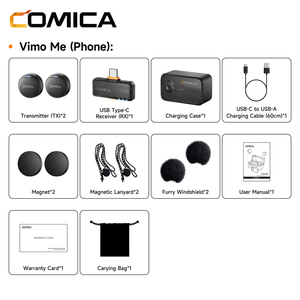 COMICA Vimo Me (โทรศัพท์ B) ไมโครโฟนไร้สายแบบหนีบเสื้อขนาดเล็ก 2TX+1 USB‑C RX ระบบลดเสียงรบกวนอัจฉริยะ 48kHz 24bit แบตเตอรี่ใช้งานได้ 34 ชั่วโมง - Product Image 5