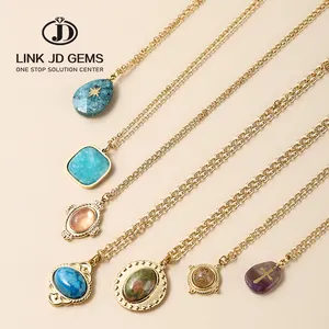 JD Oval Batu Alam Bantuan Tetes Air Geometris Stainless Steel Dainty Warna Emas Kalung Antik untuk Wanita Perhiasan