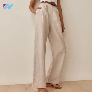 Oem tùy chỉnh bán buôn thời trang rộng chân Loose Cotton Linen quần cho phụ nữ