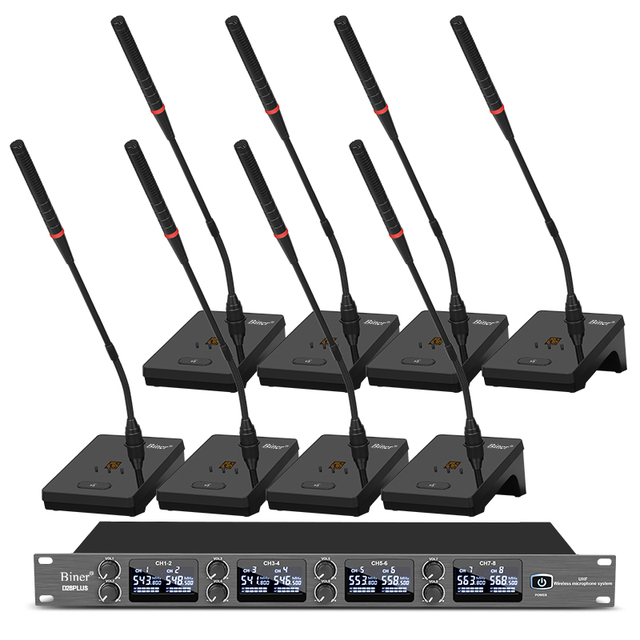 Biner D28PLUS 8-Channel Gooseneck Wireless Microphone System Metal Table Mic for Conference & Press Meeting Room