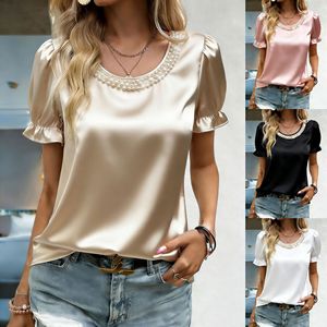 Blusa de Satén Nueva de Primavera para Mujer, Cuello Redondo con Perlas, Manga Abullonada con Volantes, Camisa Elegante Brillante para Dama - Product Image 6