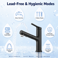 Robinet de lavabo extractible en alliage de zinc de qualité supérieure, trois modes, style minimaliste, pour salle de bain (vente en gros)