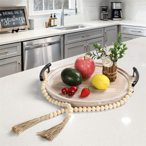 صينية قهوة خشبية مستديرة بطراز ريفي، صينية خشبية زخرفية بمقابض لديكور المنزل - Product Image 5