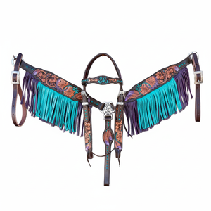 Púrpura y turquesa con flecos para caballos, juego de tachuelas, placa de pecho, cuero genuino, artículos ligeros de temporada para montar a caballo - Product Image 1