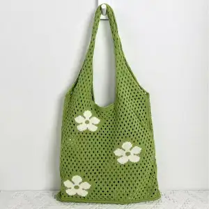 夏季时尚针织女式肩包鲜花沙滩托特钩针编织绿色手提包