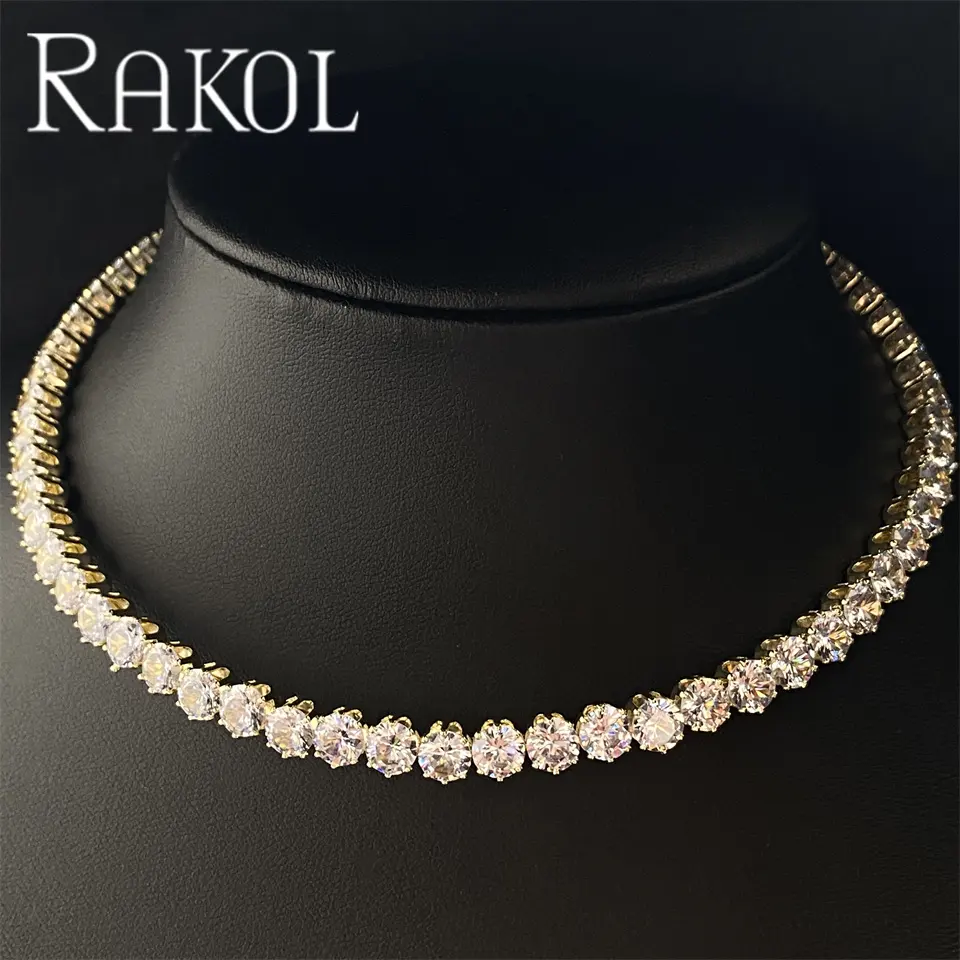 Rakol Np5198 Cubic Zircon Mạ Vàng Quần Vợt Vòng Cổ Hip Hop Đồ Trang Sức Đầy Đủ Rhinestone Pha Lê Quần Vợt Cuba Chuỗi Vòng Cổ